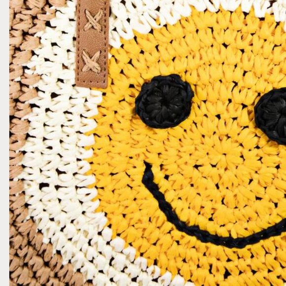 Smiley Happy Face Round Straw Beach Tote Bag NWT - Picture 5 of 5